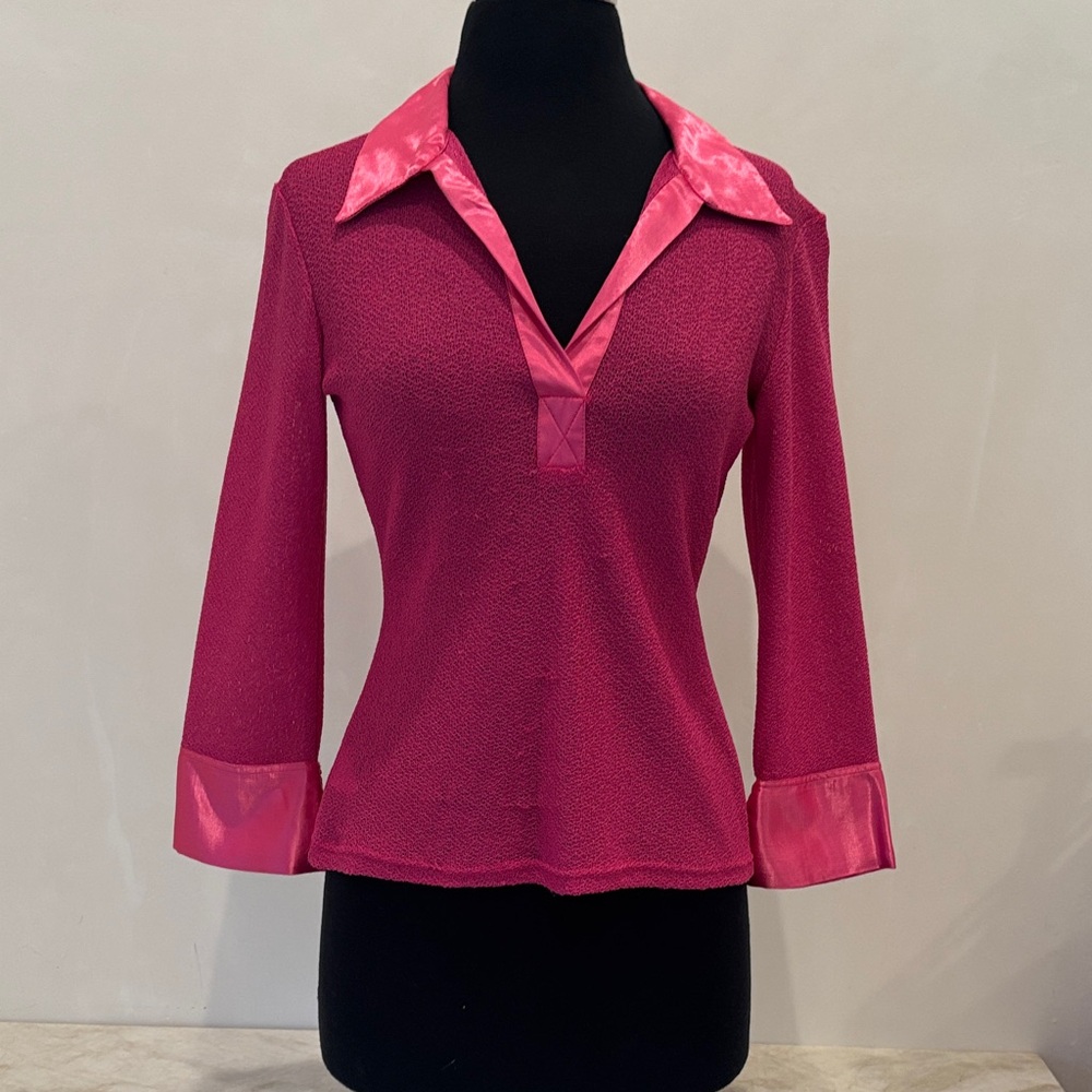 KENZONE Spain Bright Pink Mesh V‑Neck Blouse Liberty Size38 Long Sleeve Stretchy